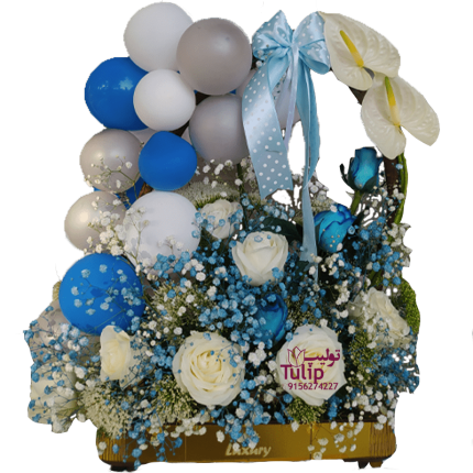 باکس گل تولد سفید آبی همراه تزیین بادکنک رزالیا